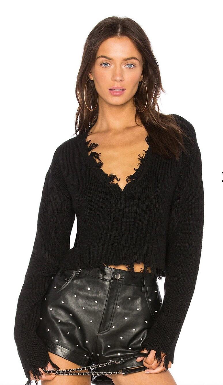 Lovers + Friends Revolve Prospect V Neck Knit Sweater Distressed Crop Black S